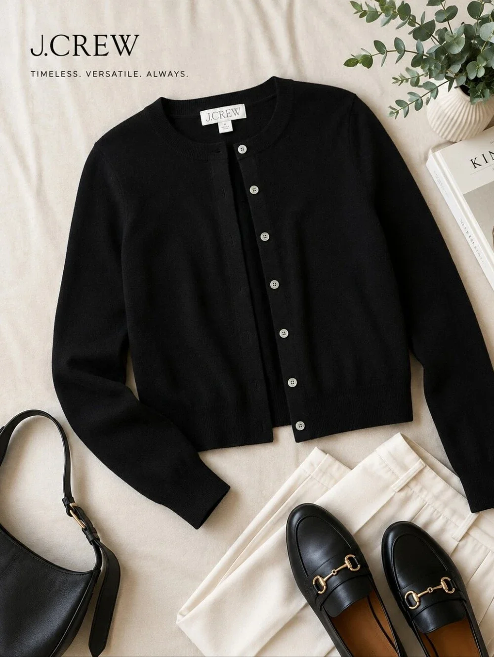 NWOT J.Crew Black TENCEL Lyocell Blend Cropped Crewneck Cardigan M
